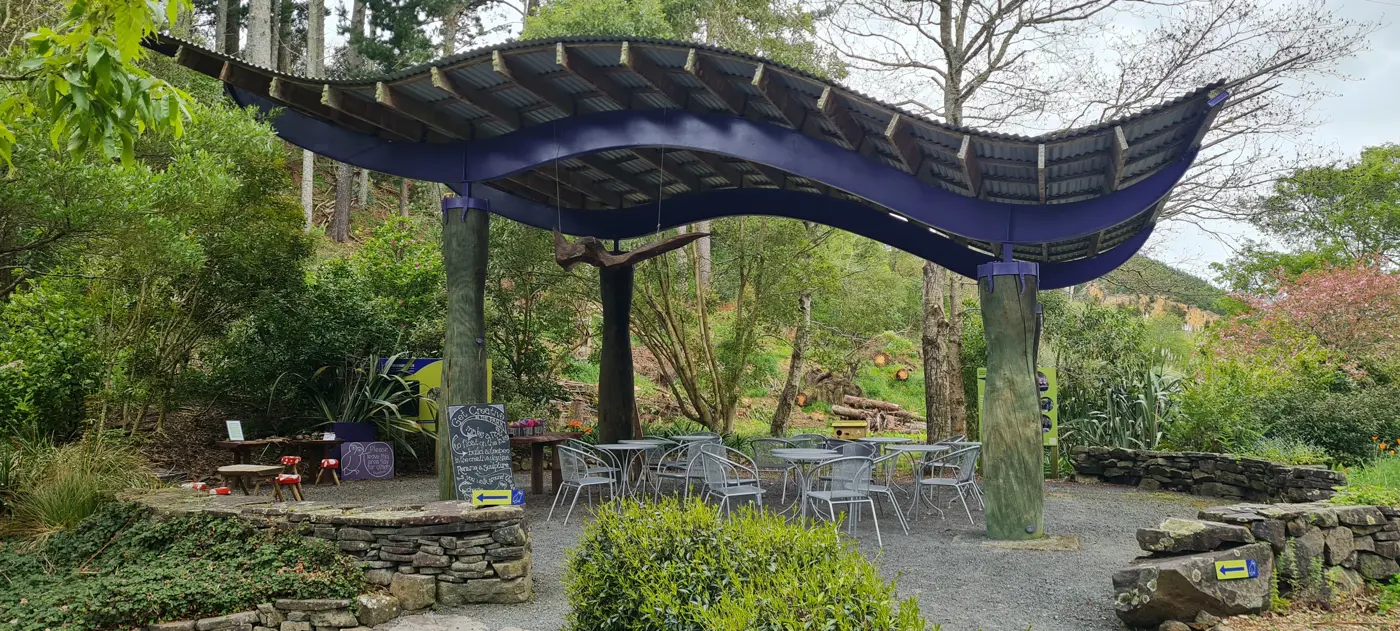 a covered area with tables and chairs