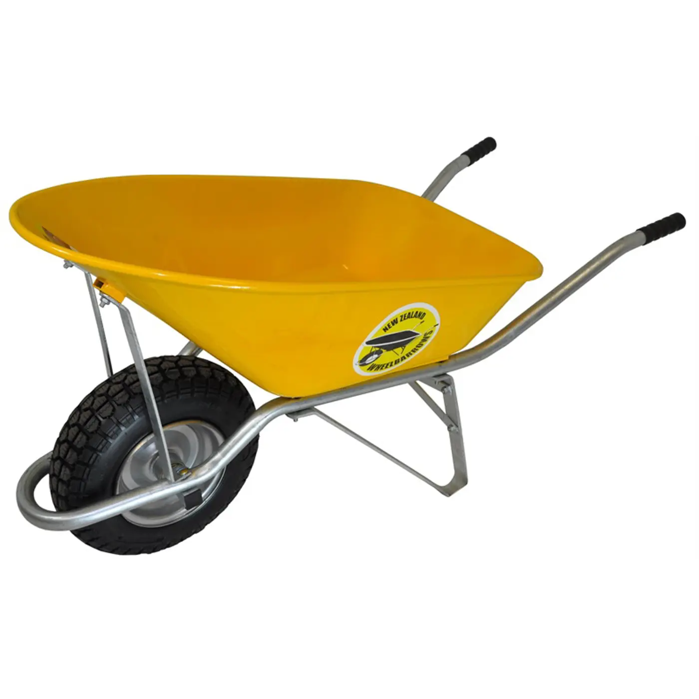 a yellow wheelbarrow with black wheels