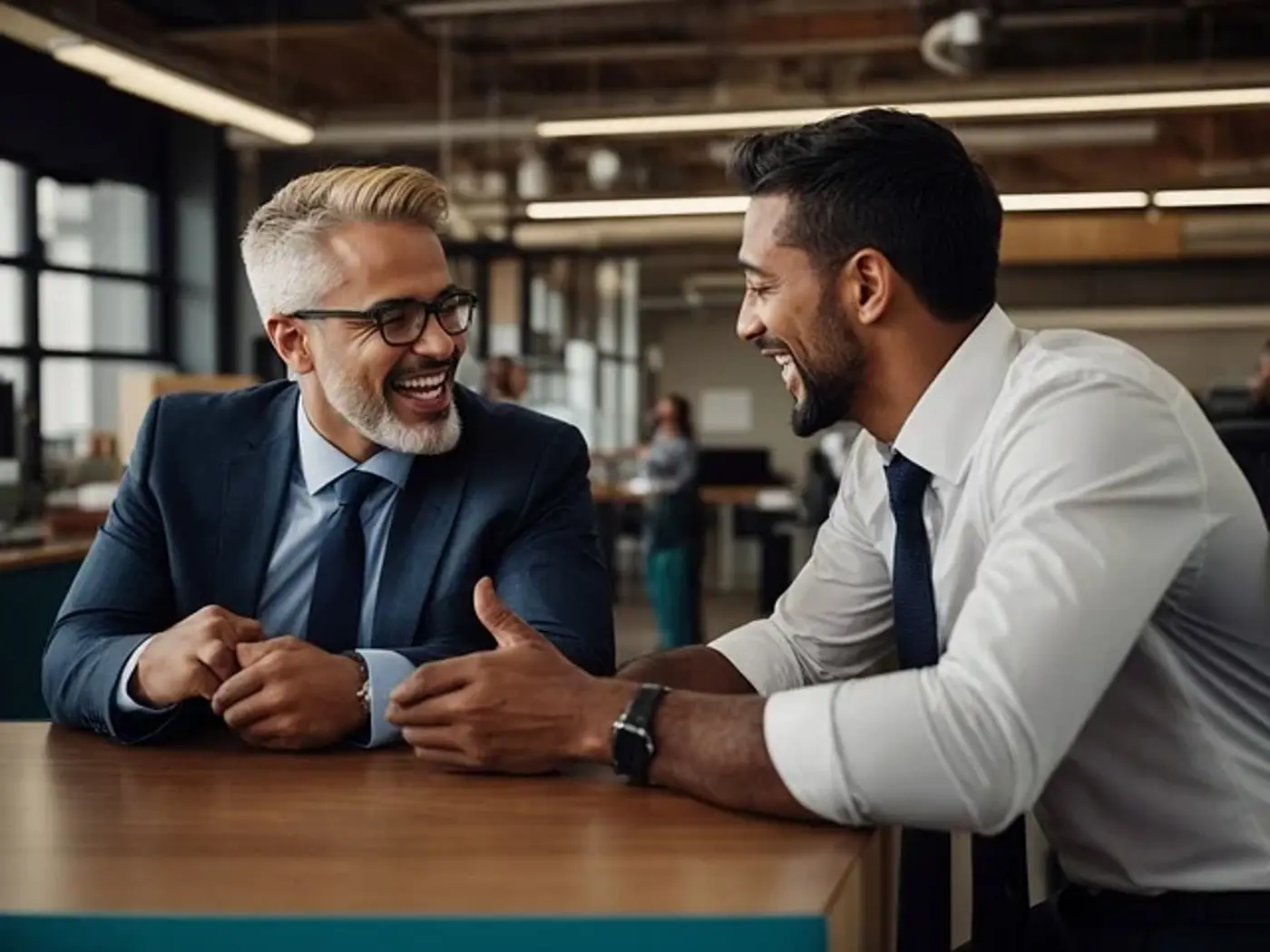 two men in suits laughing at a table