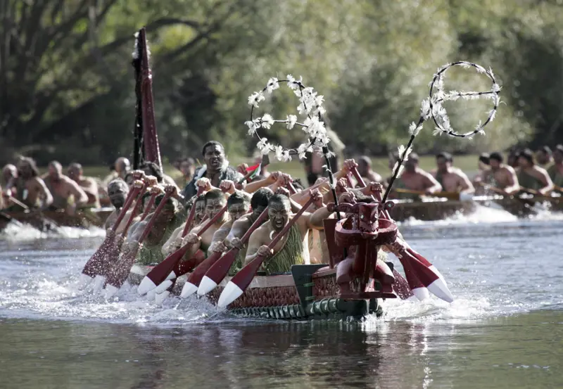 a group of people rowing a boat