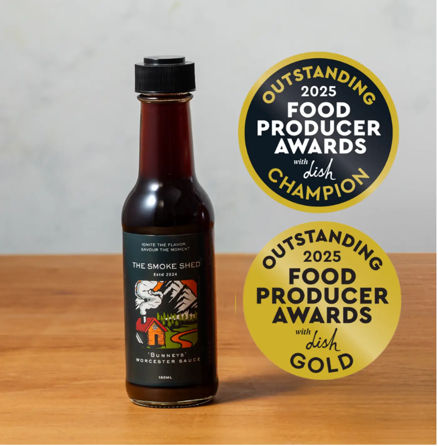 a bottle of sauce on a table