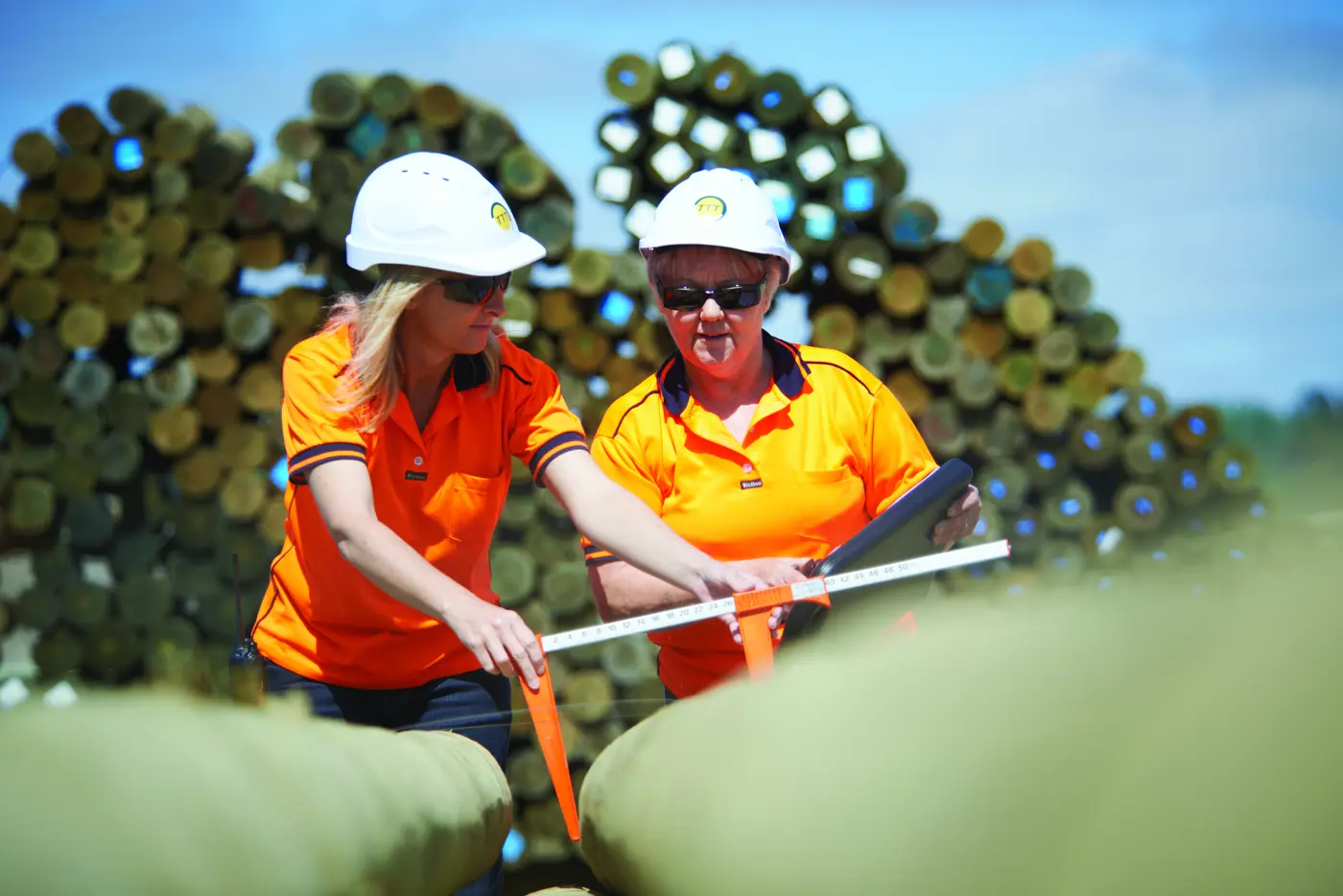 a group of women wearing hard hats and looking at a ruler