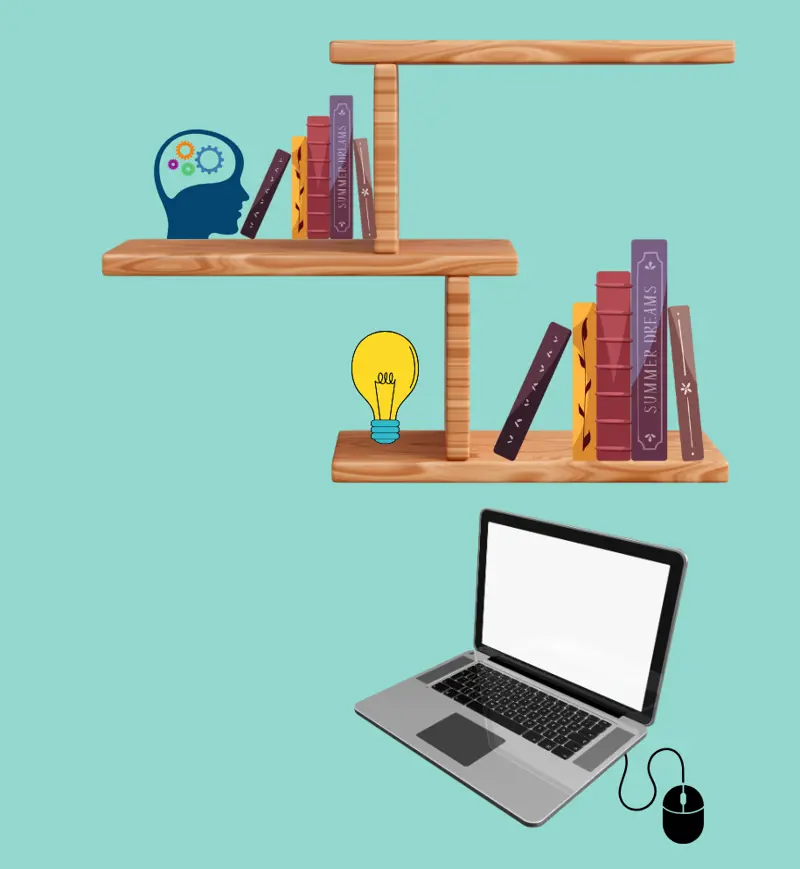 a laptop and books on shelves