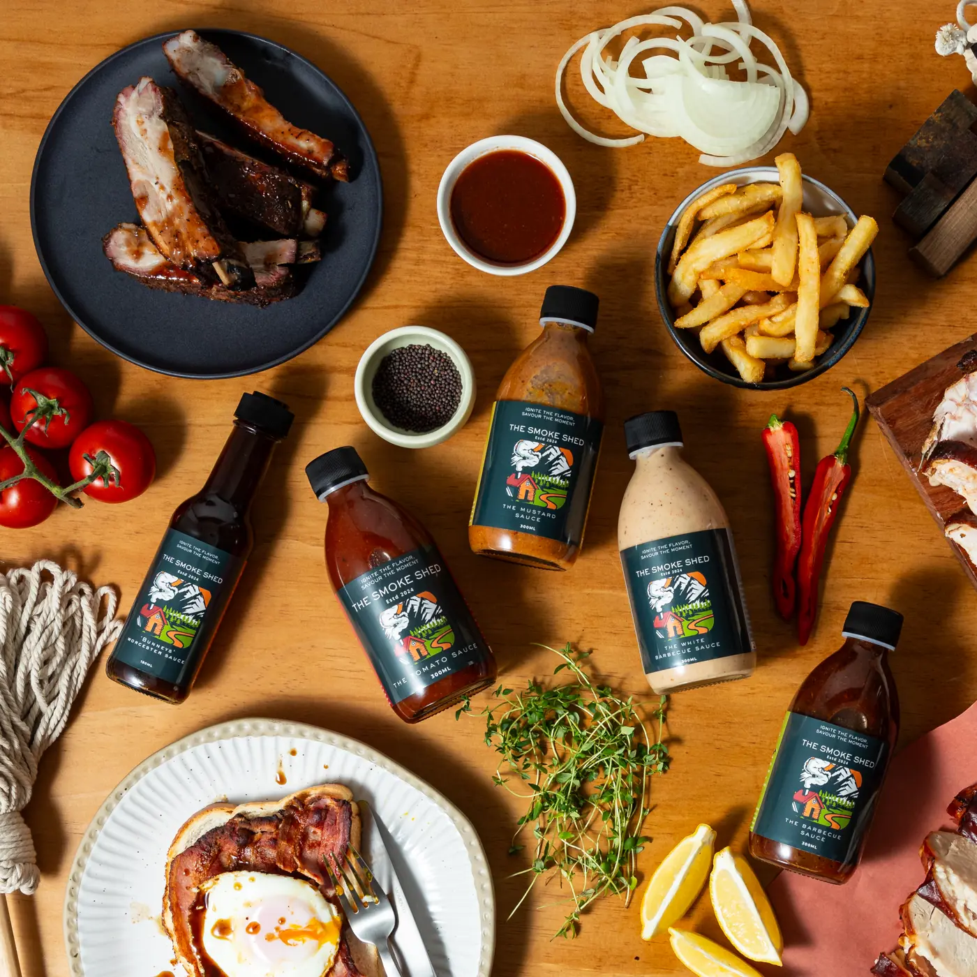 a table with food and sauces