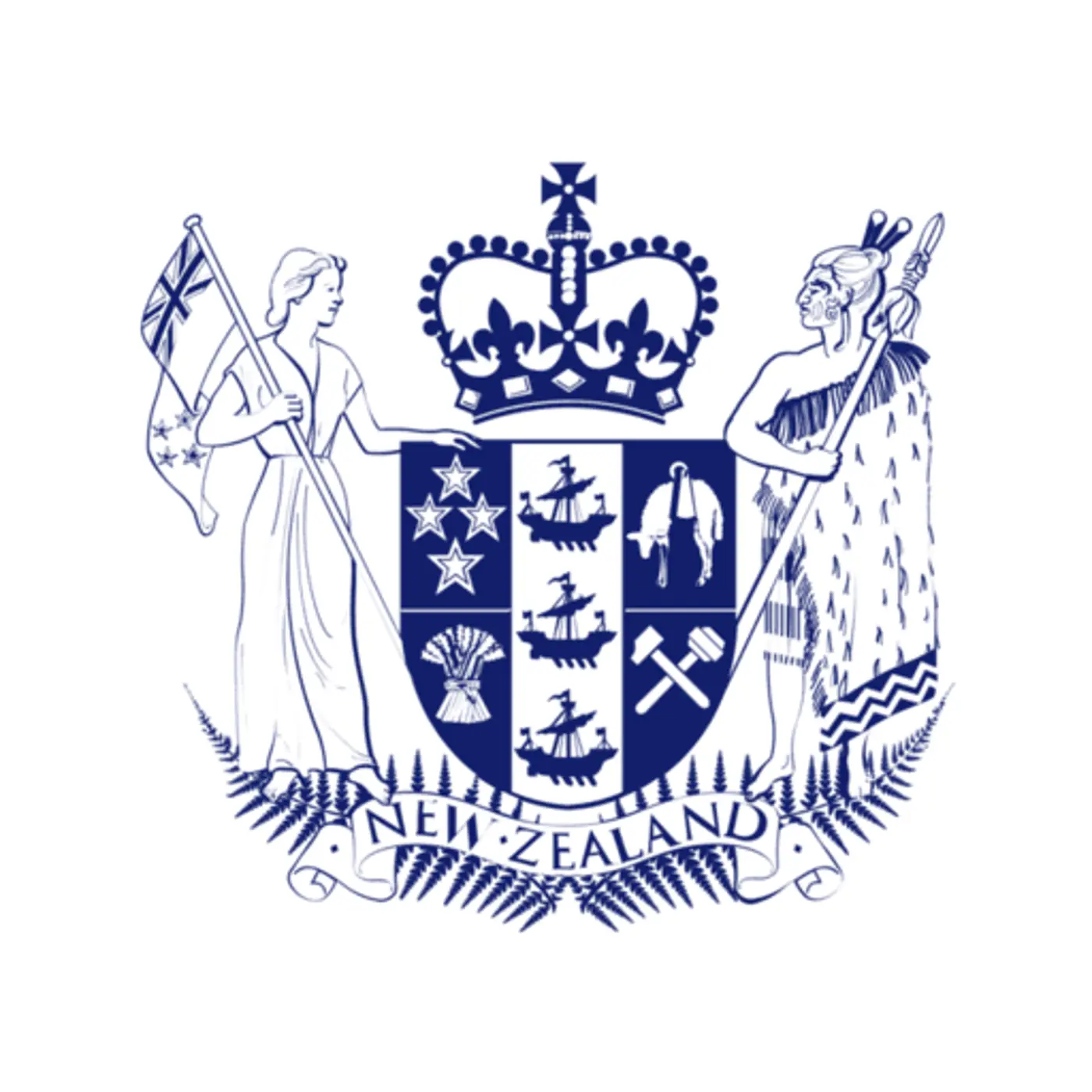 a blue and white emblem with a flag and crown