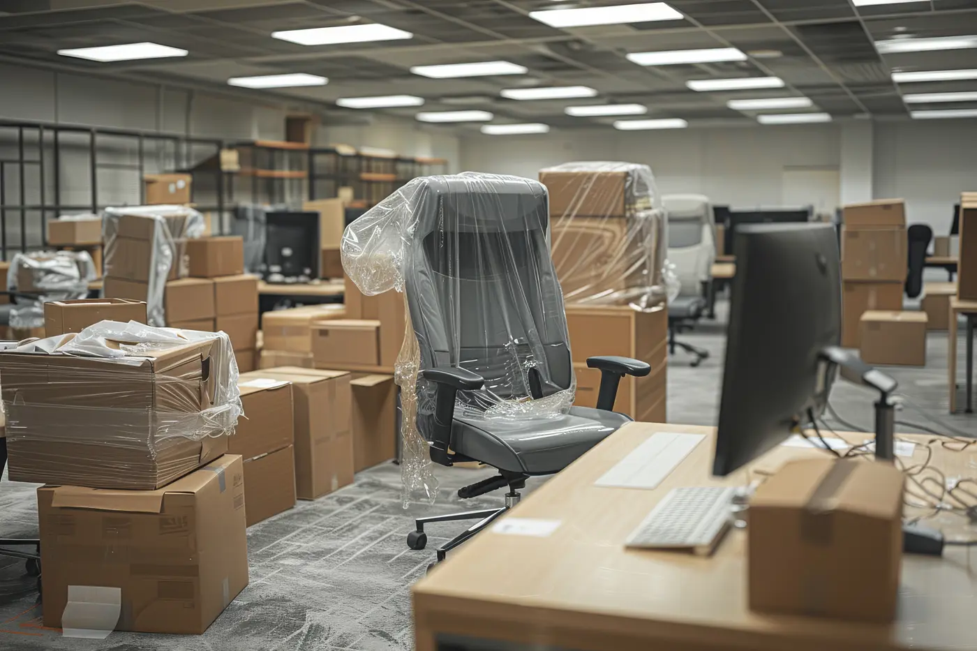 a chair covered in plastic in a room with boxes